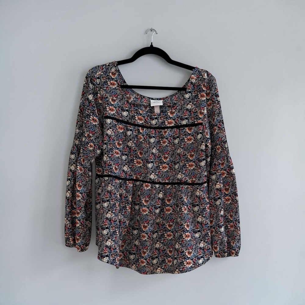 Knox Rose Black Floral Boho Peasant Blouse Babydoll Lace Trim [Insert Size]